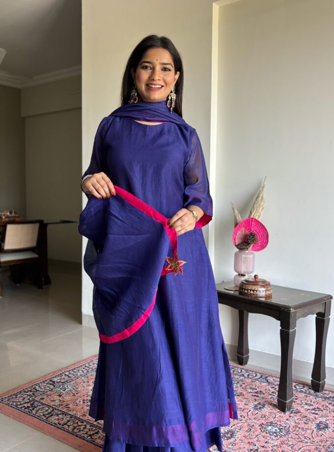 Midnight Blue Kurta Set with Pink detailing